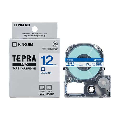 King Jim Tepra PRO Klebeband SS12B Weiß mit blauen Buchstaben 12 mm