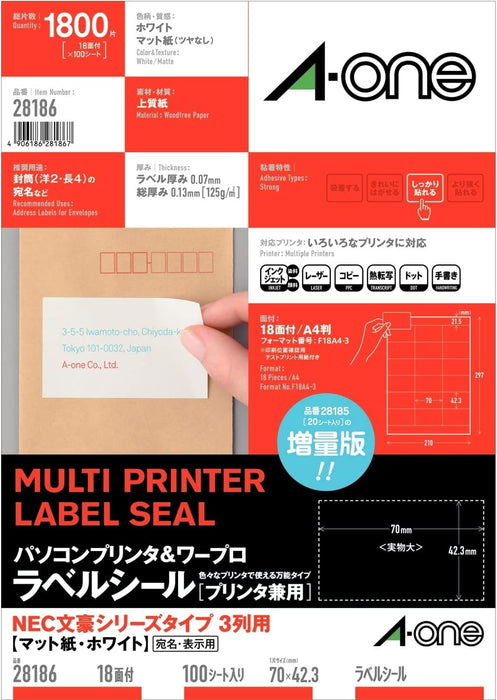 A-One Computer & Word Processor Label Sticker Printer Dual Use 18 Pages 100 Sheets 28186 (10 Sets)