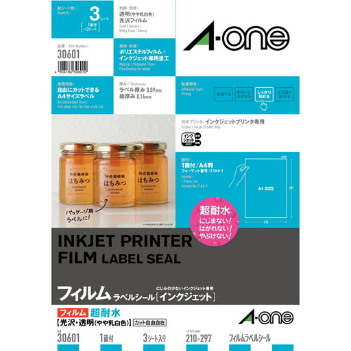 Etichetta adesiva A-One [Inkjet] Pellicola lucida super impermeabile, trasparente, leggermente bianco latte, formato A4: 1 lato non tagliato, 3 fogli: 3 pezzi Codice prodotto 30601 (5 set) (10 set)