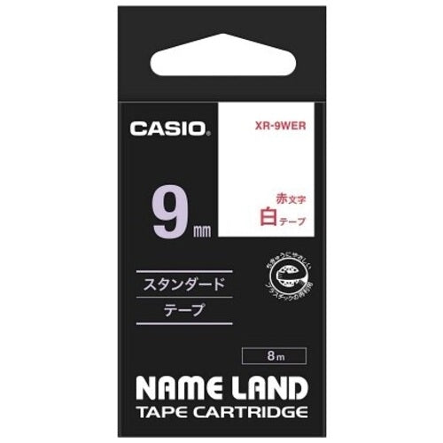 Pita label komputer Casio XR-9WER putih dalam aksara merah 9 mm