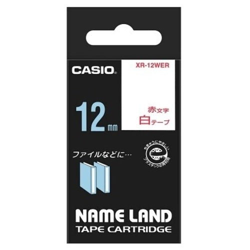 Pita label komputer Casio XR-12WER putih dalam aksara merah 12 mm