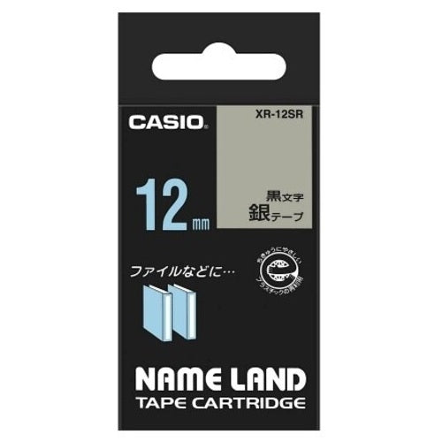 Pita label komputer Casio XR-12SR perak pada hitam 12 mm