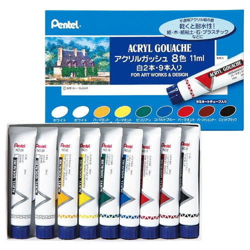 Otte farver Pentel akryl gouache lamineringsrør