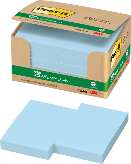 3M Post-it Regular Prodotto adesivo Econo Pack Notebook Blu 75 mm x 50 mm 100 fogli x 10 blocchi 6561-B Sticky Notes Value Pack Post-it]