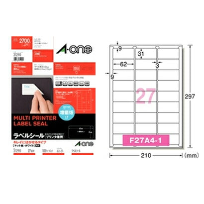A-one 31290 [Pelekat label untuk kegunaan pencetak, jenis boleh dikupas bersih, A4, 27 sisi, bucu bulat dengan jidar pada semua sisi, 100 helai]